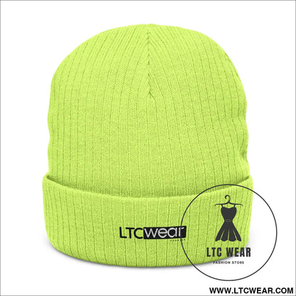 Embroidered ribbed knit beanie l.t.c wear cuffed winter hat - acid green / one size - hats