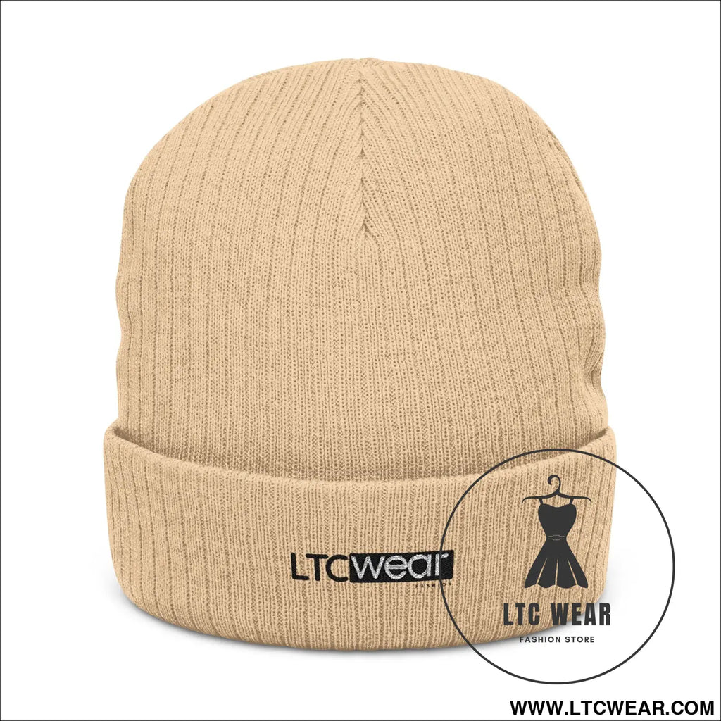 Embroidered ribbed knit beanie l.t.c wear cuffed winter hat - beige / one size - hats