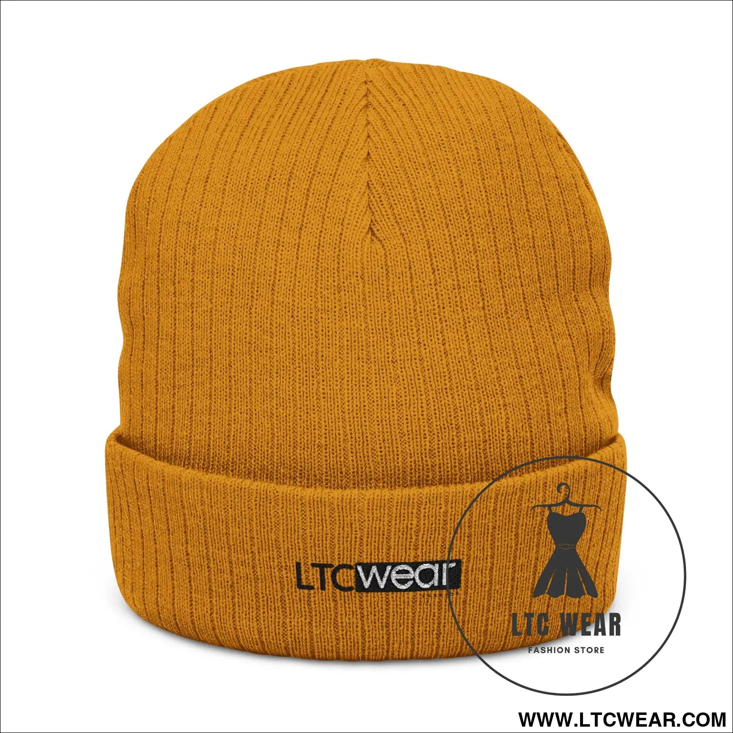 Embroidered ribbed knit beanie l.t.c wear cuffed winter hat - mustard / one size - hats