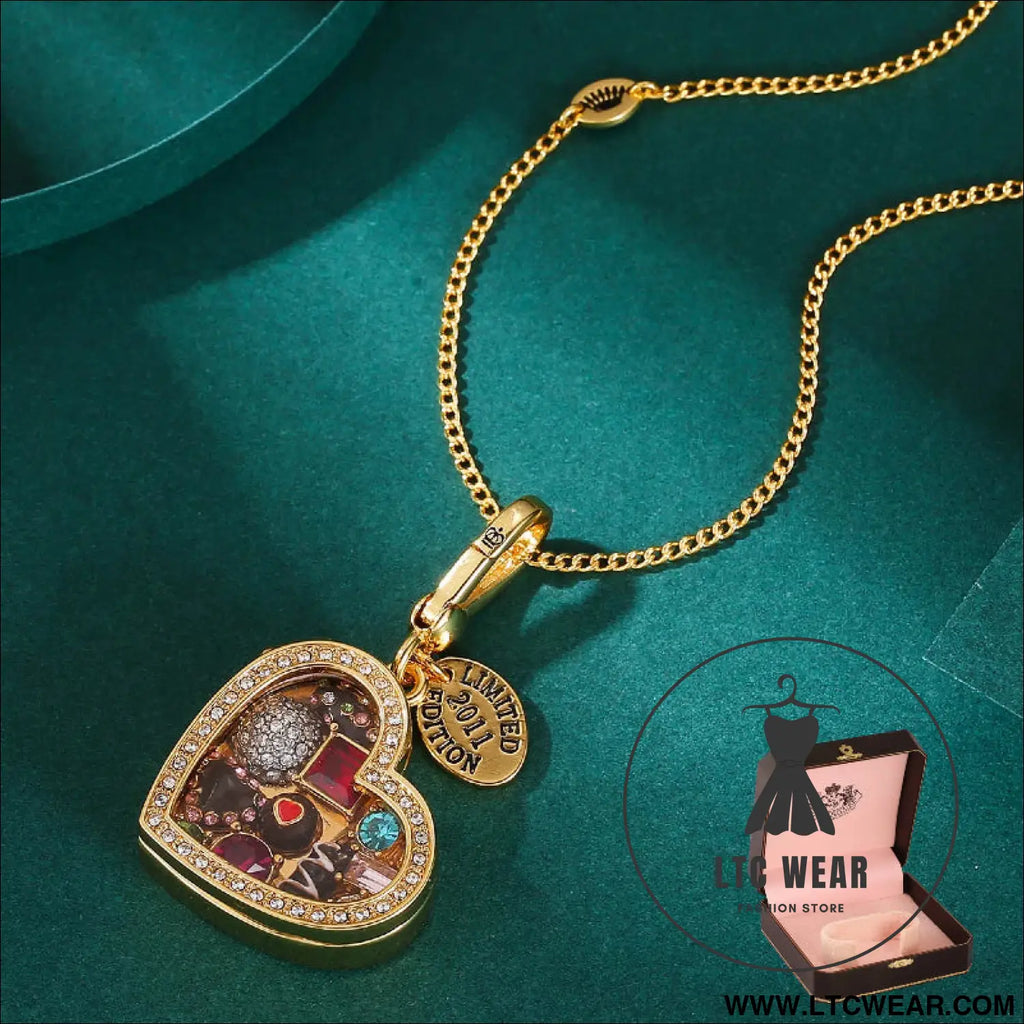 Enamel glazed chocolate gemstone transparent heart-shaped box with an openable pendant and box - pendant + necklace box
