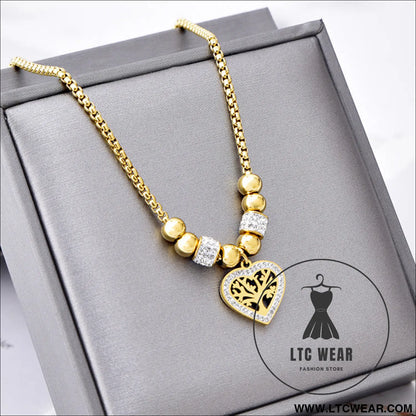 European and american style titanium steel heart tree of life rhinestone necklace for women simple love charm jewelry