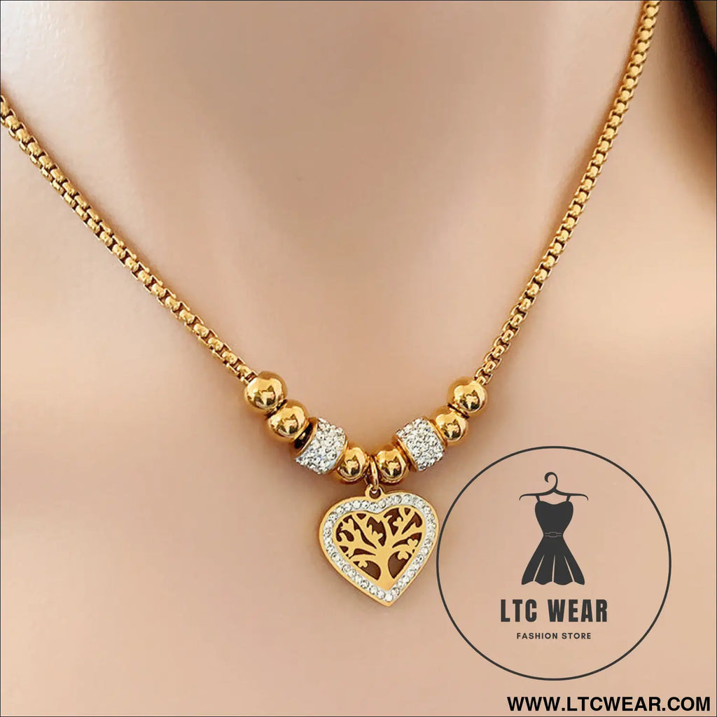 European and american style titanium steel heart tree of life rhinestone necklace for women simple love charm jewelry