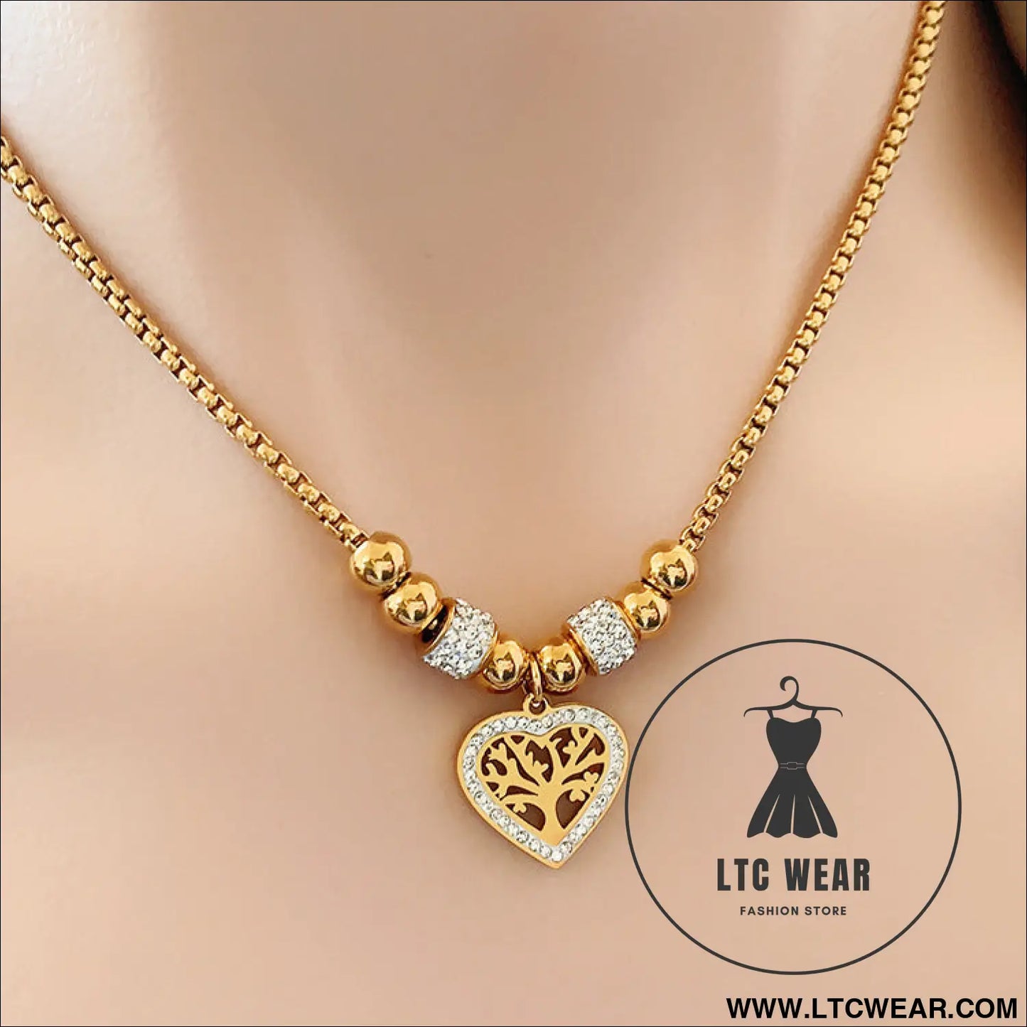 European and american style titanium steel heart tree of life rhinestone necklace for women simple love charm jewelry