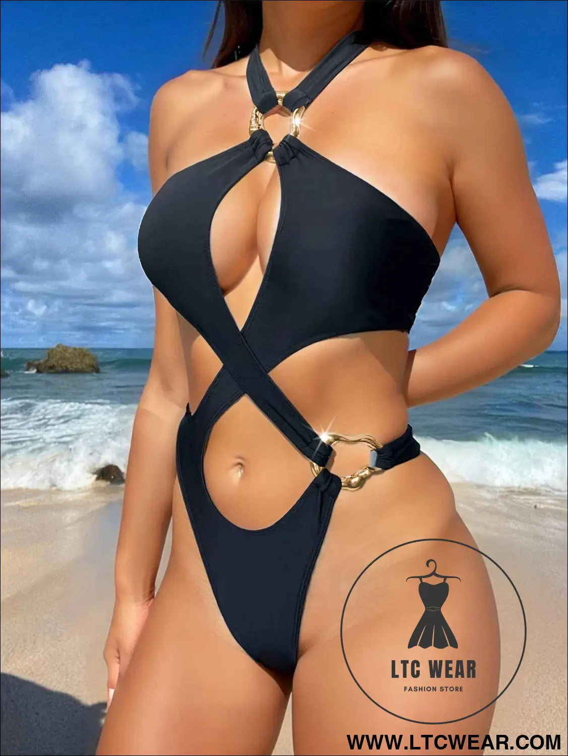 European Chic CutOut Solid Color OnePiece Bikini Swimsuit