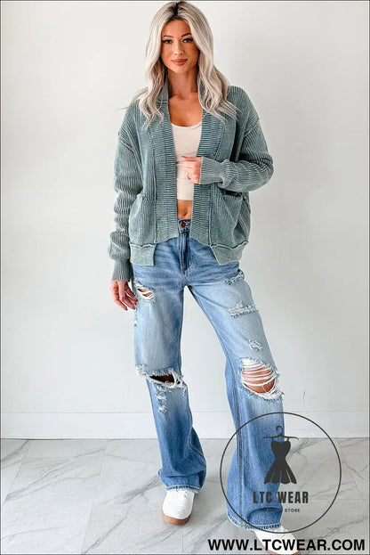 Evergreen mineral wash exposed seam patchwork knit cardigan - cardigans