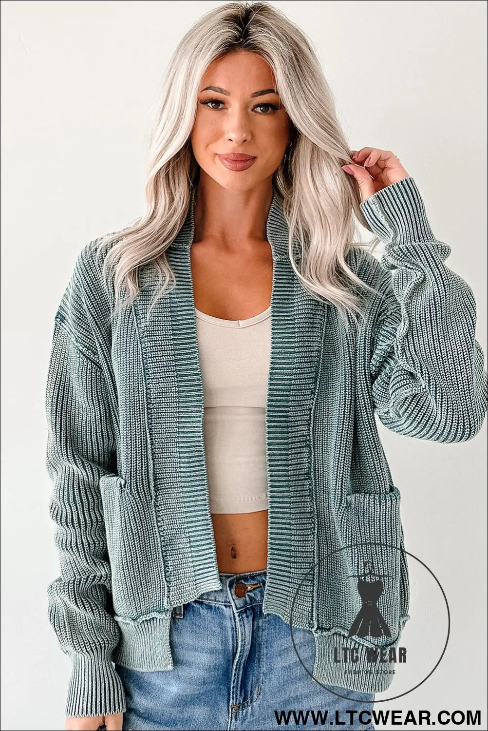Evergreen mineral wash exposed seam patchwork knit cardigan - cardigans