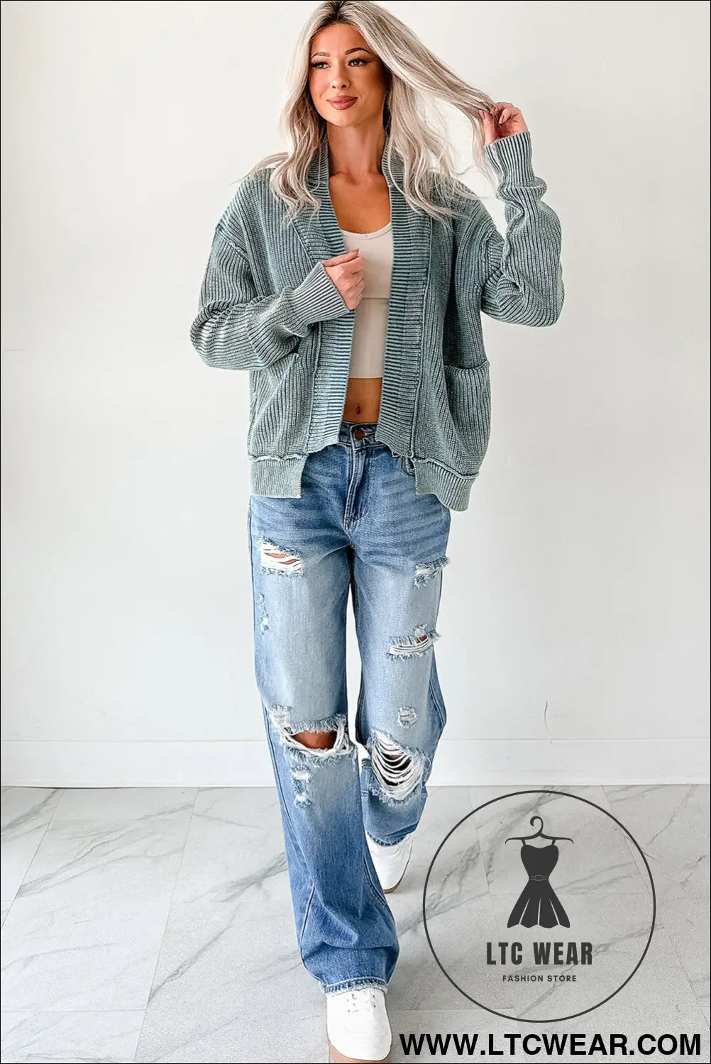 Evergreen mineral wash exposed seam patchwork knit cardigan - cardigans