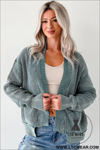 Evergreen mineral wash exposed seam patchwork knit cardigan - cardigans