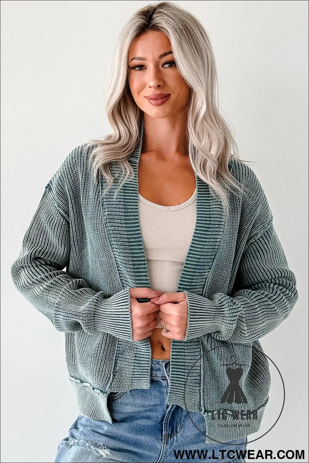 Evergreen mineral wash exposed seam patchwork knit cardigan - cardigans