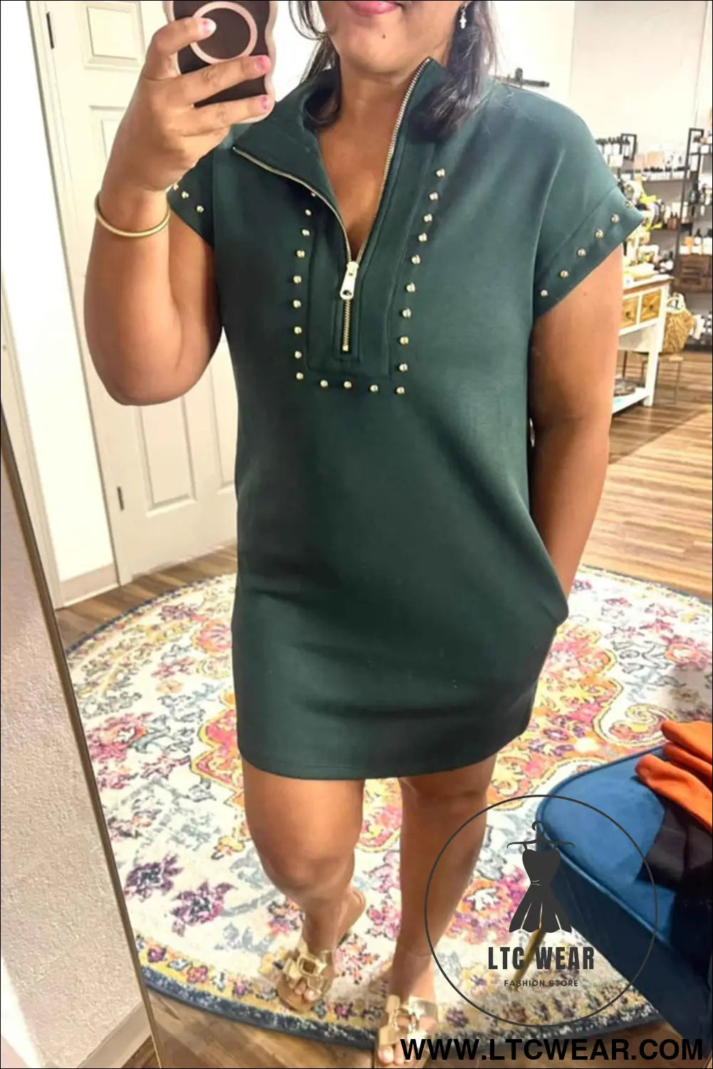 Evergreen Plus Size Glow Studded Zip up T Shirt Dress with Pockets
