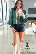 Evergreen puffy flounce sleeve leopard trim v neck blouse - blouses & shirts
