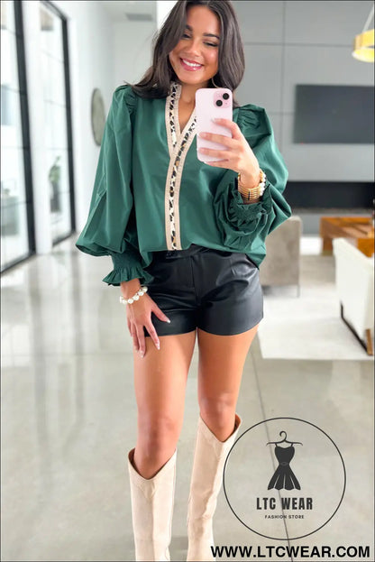 Evergreen puffy flounce sleeve leopard trim v neck blouse - blouses & shirts