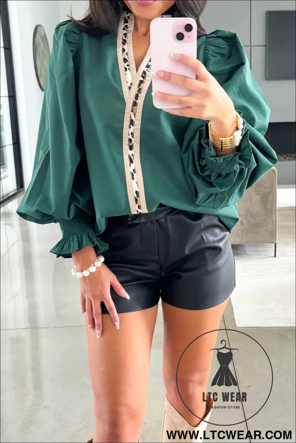 Evergreen puffy flounce sleeve leopard trim v neck blouse - evergreen / l / 100% cotton - blouses & shirts