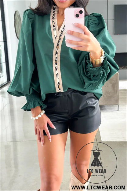 Evergreen puffy flounce sleeve leopard trim v neck blouse - evergreen / l / 100% cotton - blouses & shirts