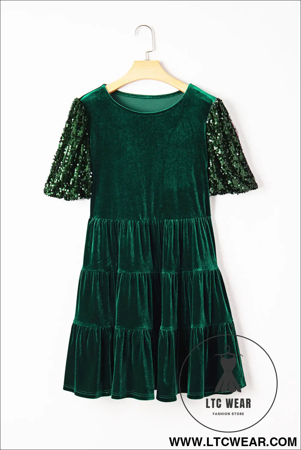 Evergreen sequin puff sleeve high waist tiered velvet mini dress - sequin dresses