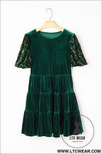 Evergreen sequin puff sleeve high waist tiered velvet mini dress - sequin dresses