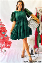 Evergreen sequin puff sleeve high waist tiered velvet mini dress - sequin dresses