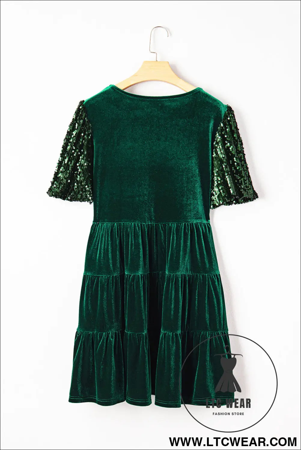Evergreen sequin puff sleeve high waist tiered velvet mini dress - sequin dresses