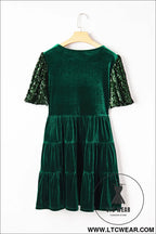 Evergreen sequin puff sleeve high waist tiered velvet mini dress - sequin dresses