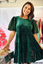 Evergreen sequin puff sleeve high waist tiered velvet mini dress - sequin dresses