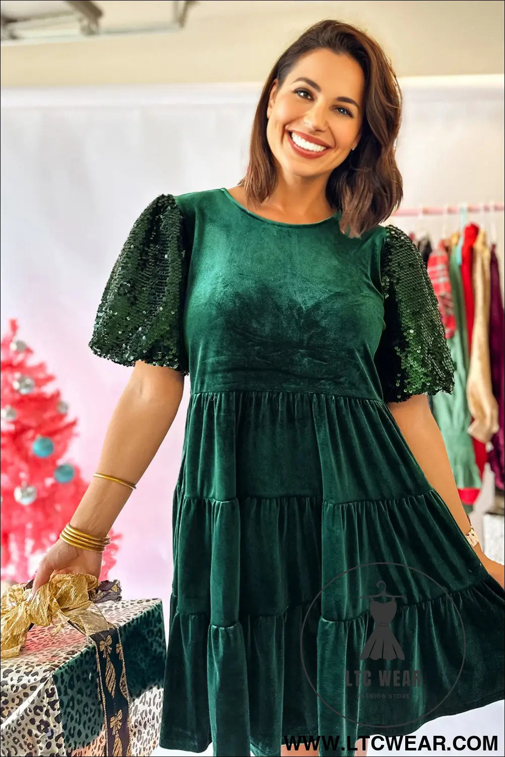 Evergreen sequin puff sleeve high waist tiered velvet mini dress - sequin dresses