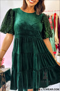 Evergreen sequin puff sleeve high waist tiered velvet mini dress - evergreen / l / 95% polyester + 5% elastane - sequin