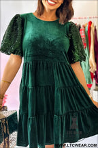 Evergreen sequin puff sleeve high waist tiered velvet mini dress - evergreen / l / 95% polyester + 5% elastane - sequin