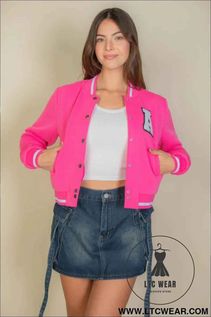 Ezwear Letter Patched Crop Varsity Jacket