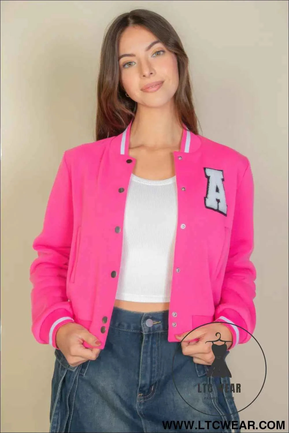 Ezwear Letter Patched Crop Varsity Jacket