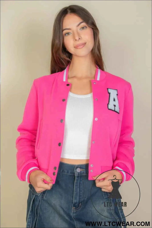 Ezwear Letter Patched Crop Varsity Jacket