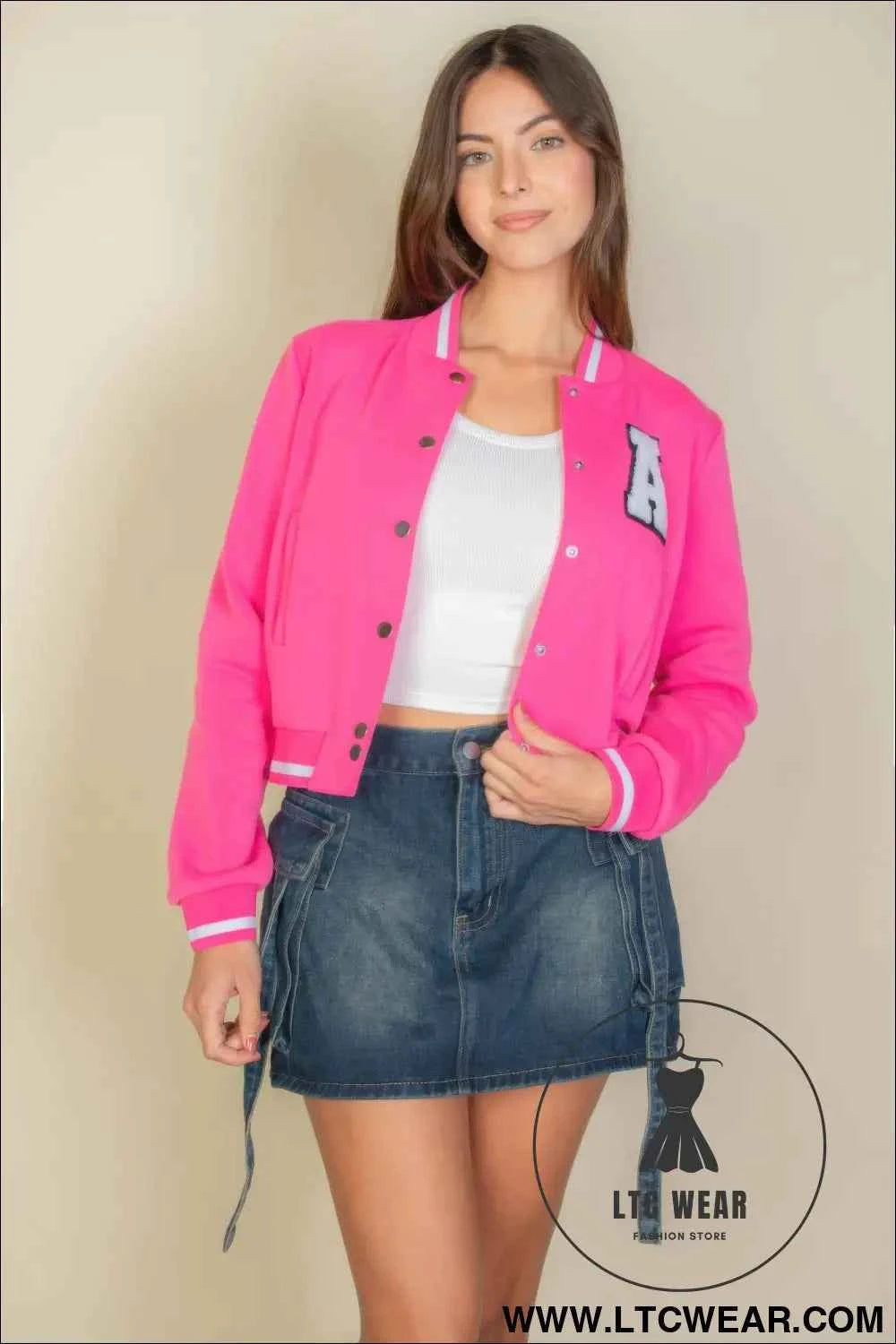 Ezwear Letter Patched Crop Varsity Jacket