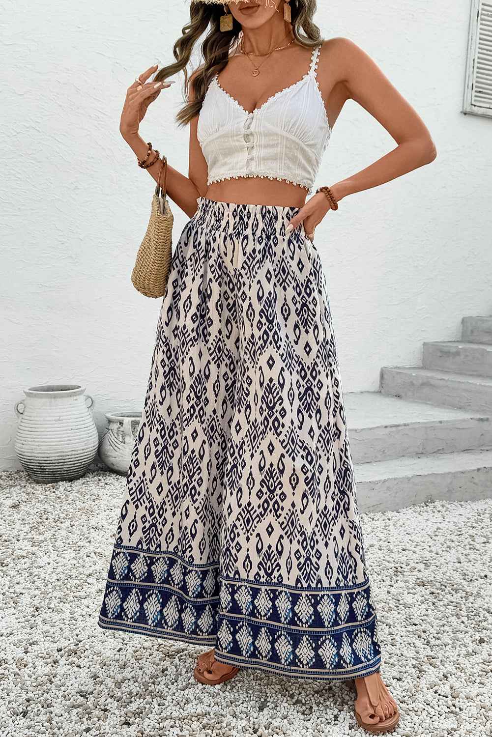 Blue Ethnic Print High Waist Wide Leg Loose Pants