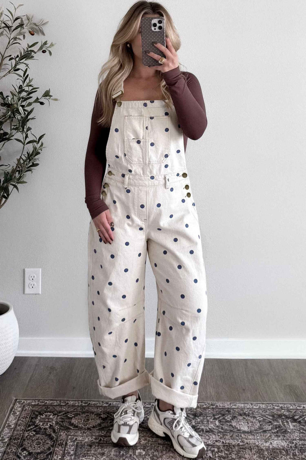 Jet Stream Polka Dot Print Bib Pocket Denim Barrel Overalls Jumpsuit