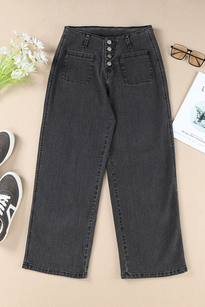 Gray High Waist Button Front Wide Leg Cropped Jeans