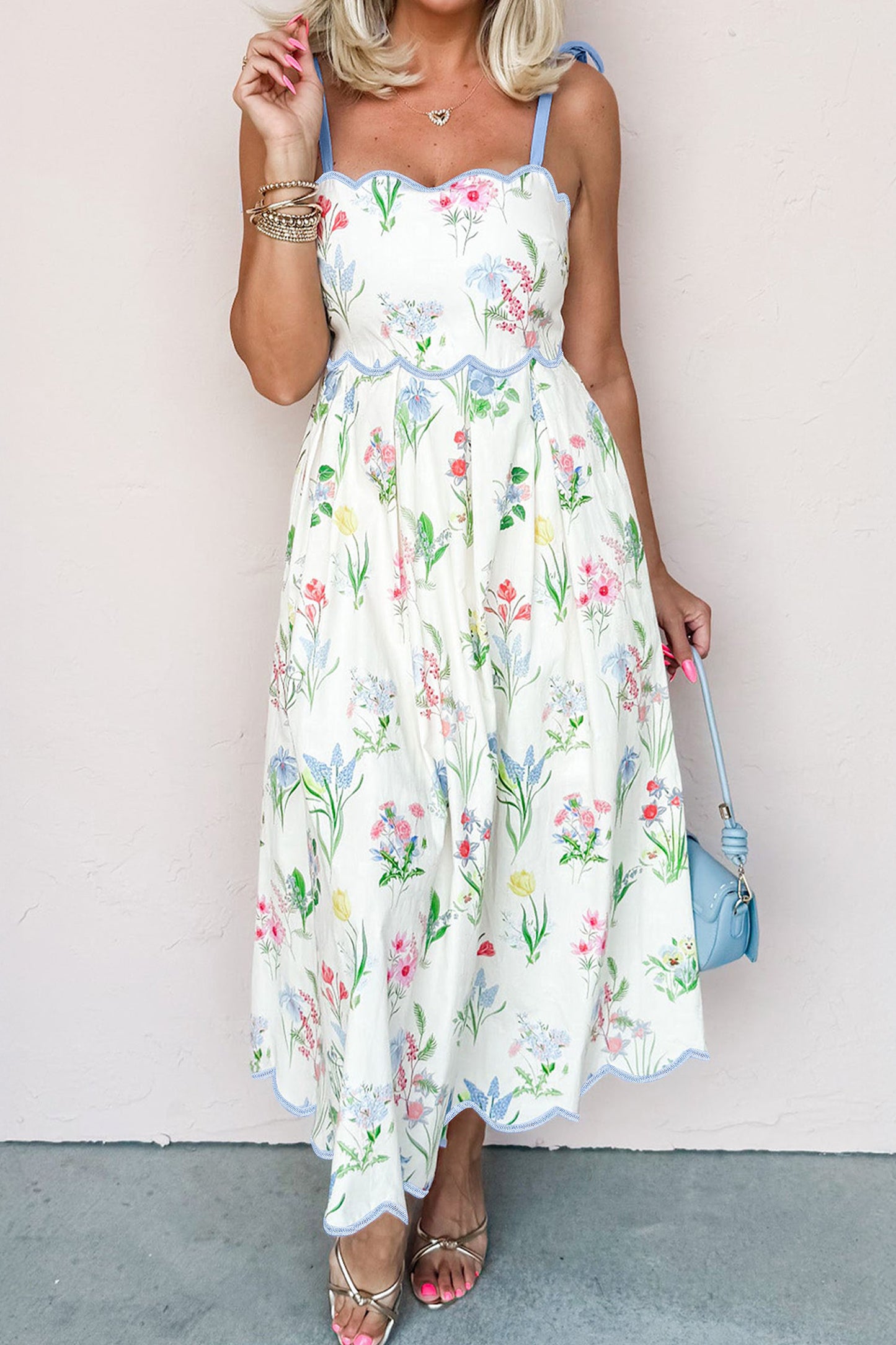 Yellow Floral Print Contrast Trim Self-tie Straps High Waist Midi Dress