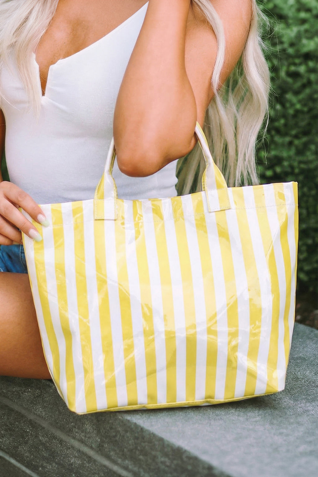 Color black Glossy Striped Vinyl Large Tote Bag