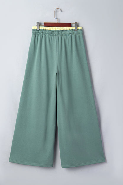 Sky Blue Color Block Flower Patchwork Drawstring Contrasted Elastic Waist Wide Leg Pants