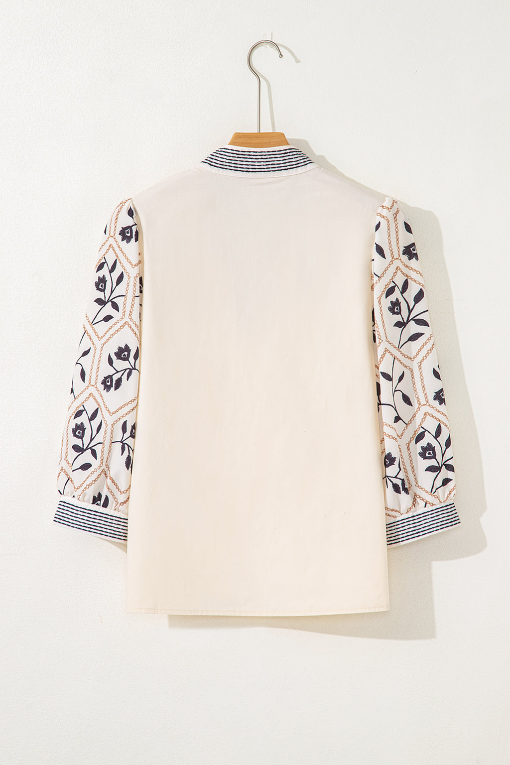 Grass Green Floral Puff Sleeve Contrast V Neck Patchwork Blouse