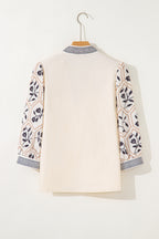 Grass Green Floral Puff Sleeve Contrast V Neck Patchwork Blouse