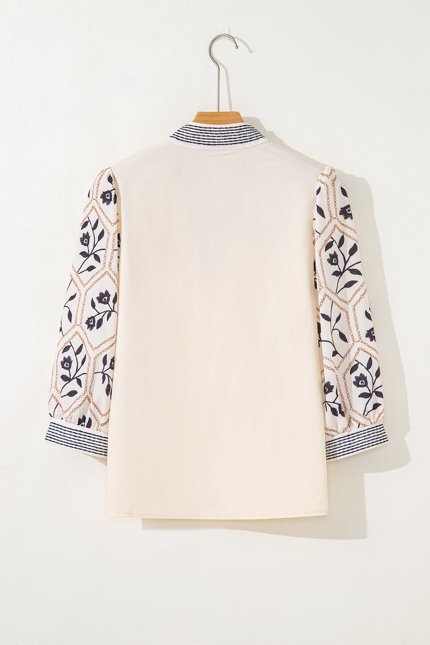 Grass Green Floral Puff Sleeve Contrast V Neck Patchwork Blouse