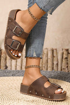 Coffee Retro Double Buckle PU Leather Faux Suede Platform Slippers