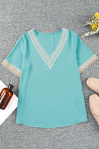 Green Lace Trim V Neck Short Sleeve Blouse