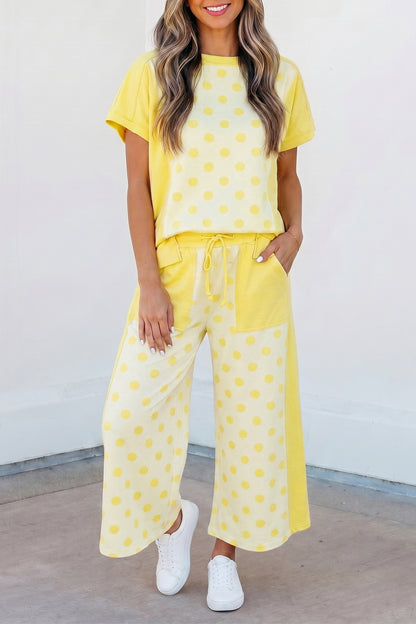 Pink Color Block Patchwork Polka Dot Wide Leg Pant Set