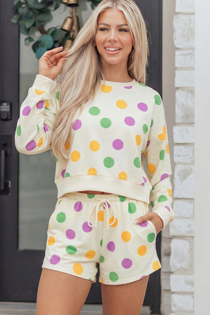 Sky Blue Polka Dot Print Drop Shoulder Pullover Drawstring Shorts Set