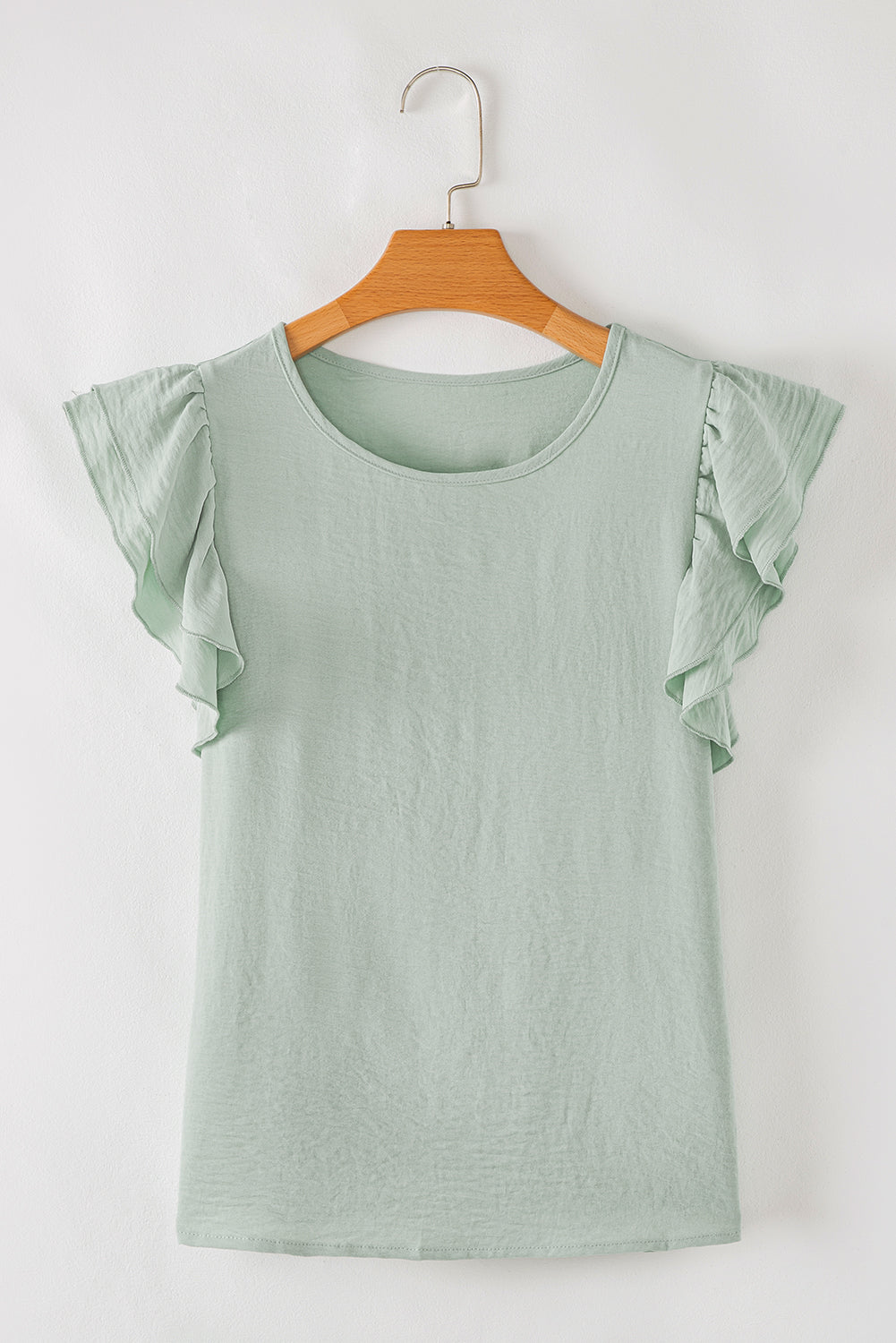 Clearly Aqua Solid Color Ruffle Sleeve Crinkled Blouse