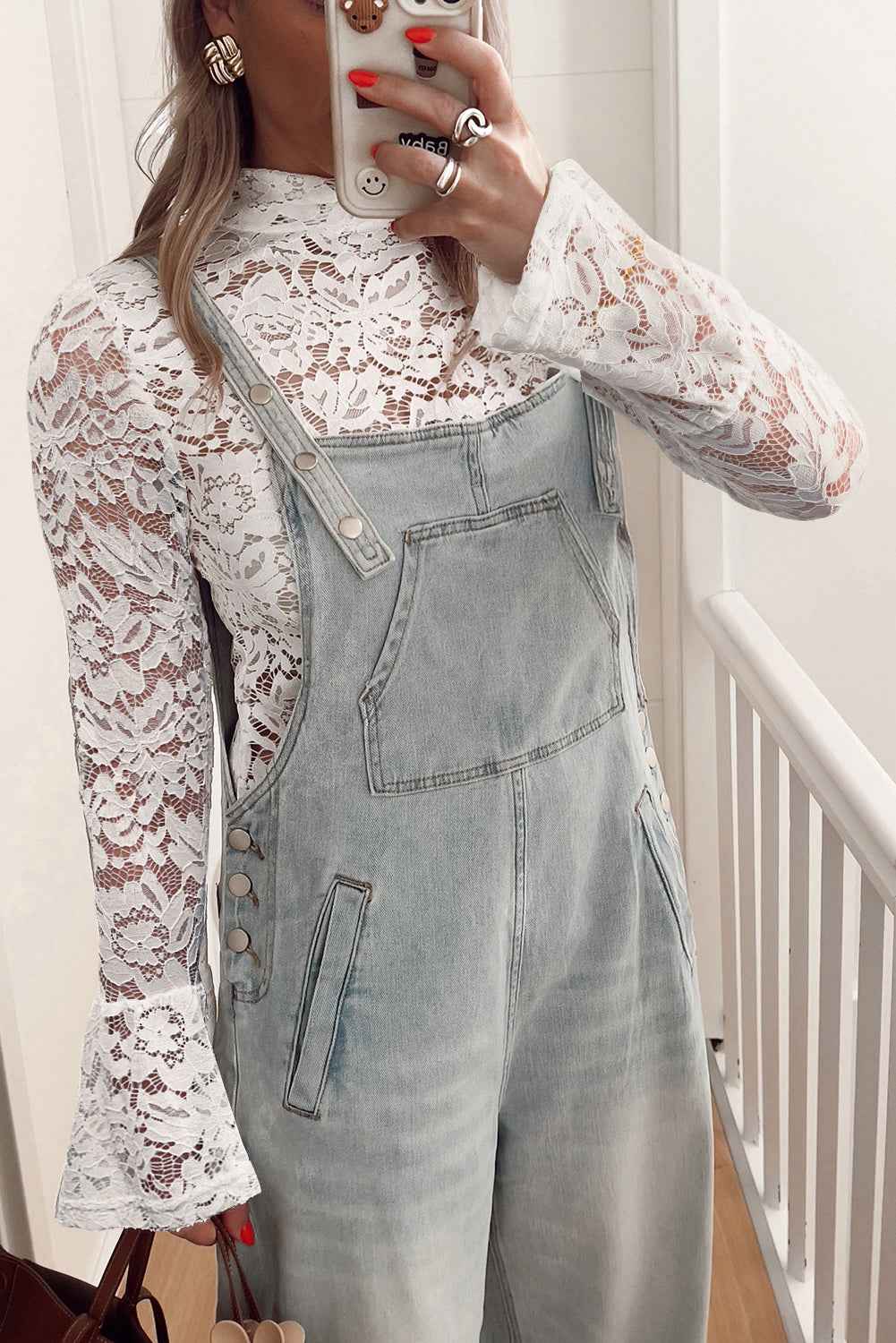 White Lace Crochet Bell Sleeve Mock Neck Blouse