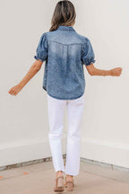 Beau Blue Frilled Short Sleeve Snap Button Denim Shirt