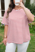 Red Stripe Plus Size Scalloped Trim Round Neck Short Sleeve Top
