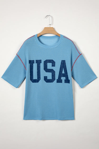 White USA Graphic Half Sleeve Loose Ribbed Top