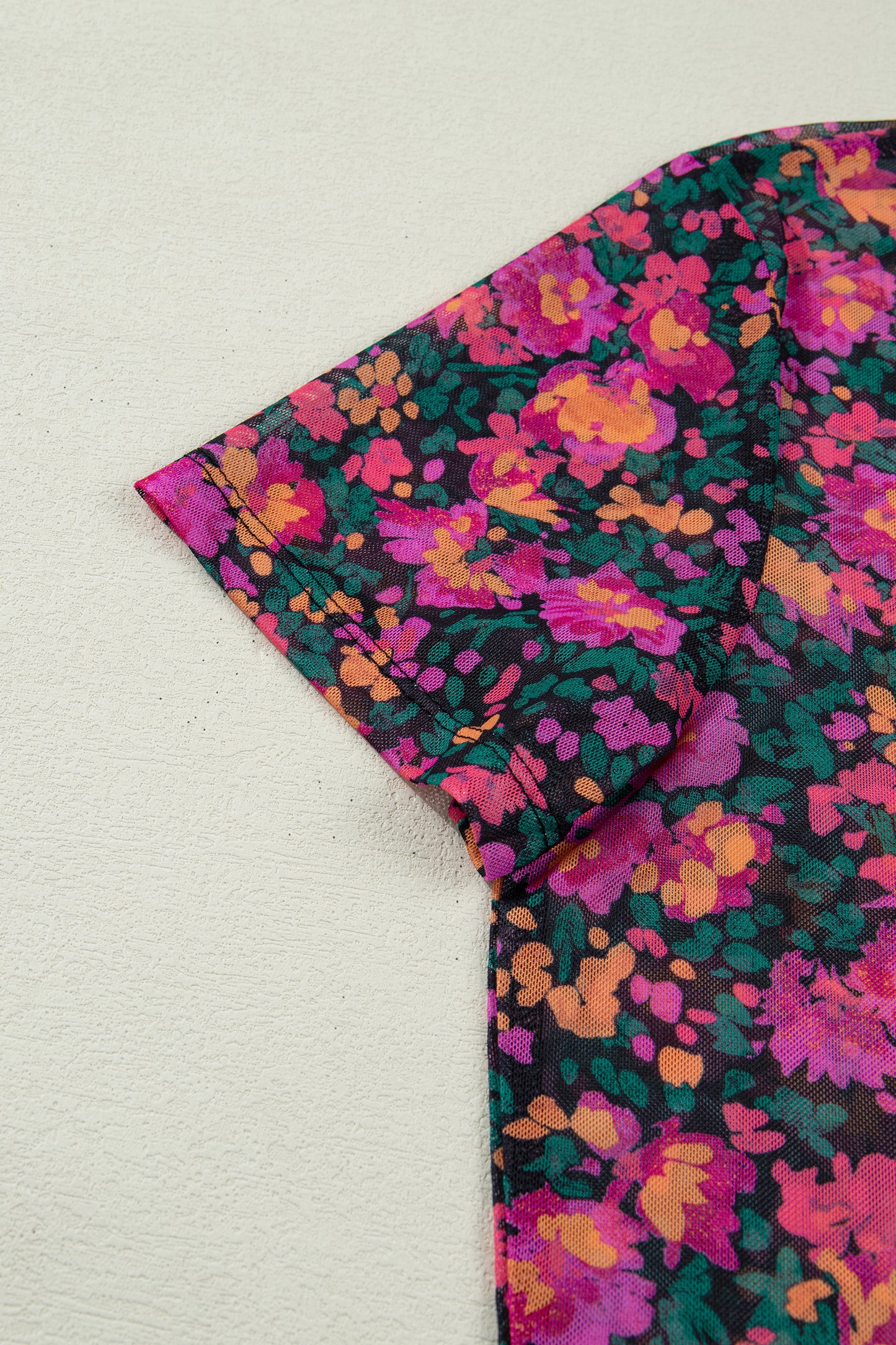Brown Floral Printed Mesh Short Sleeve Top